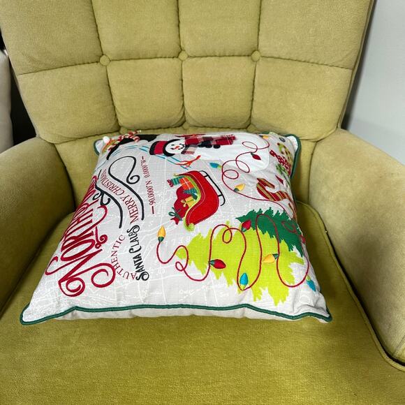 Pier 1 Imports Christmas Lights North Pole Snowman Elf Penguin Pillow 17" x 17" - Picture 7 of 11